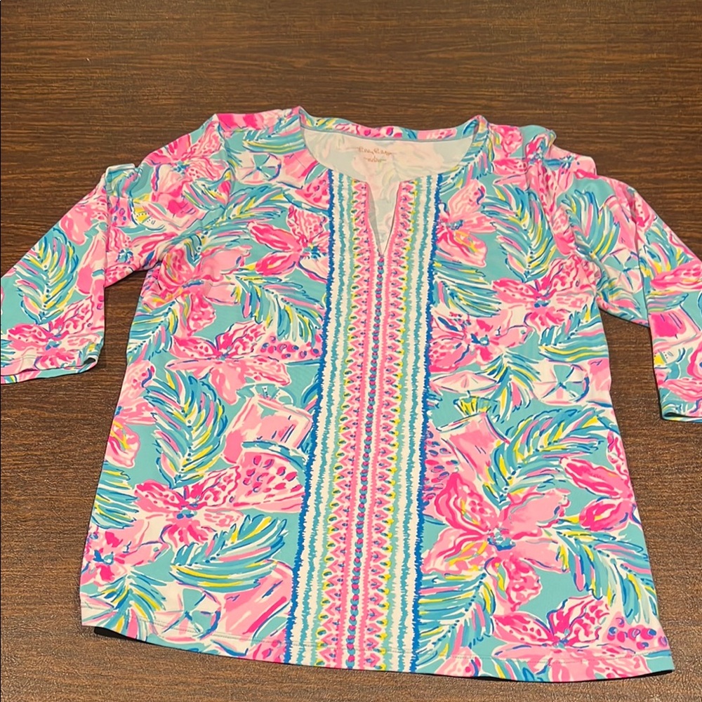Lilly Pulitzer Pink and Blue Floral Blouse with Long Sleeves